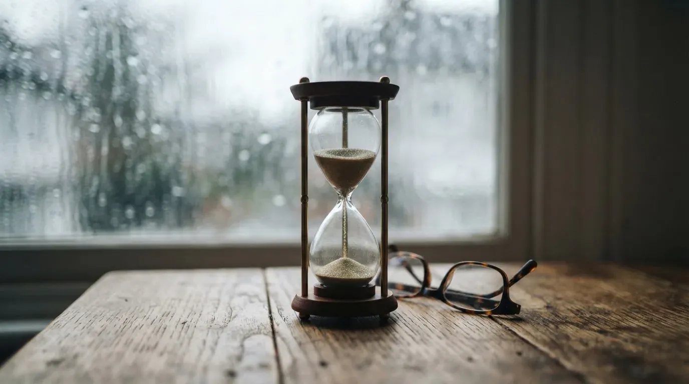 Eine Sanduhr steht auf einem Holztisch neben einer Brille, hinter dem Fenster laufen Regentropfen über das Glas.