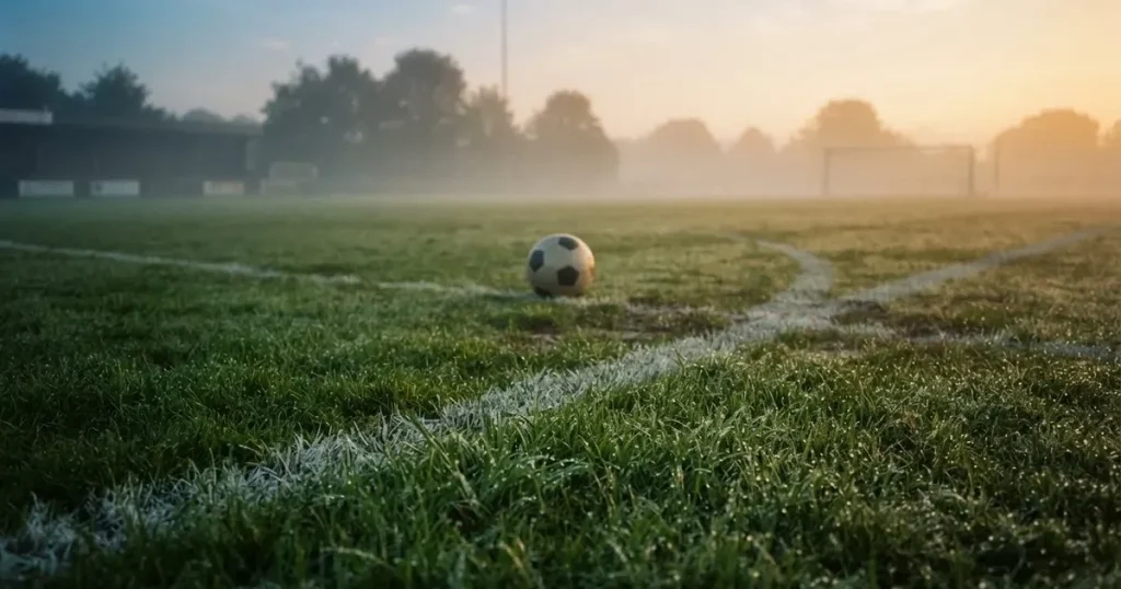 Ein Fussballplatz im Morgennebel, im Mittelkreis liegt ein einzelner Ball und der Rasen glänzt vom Tau.