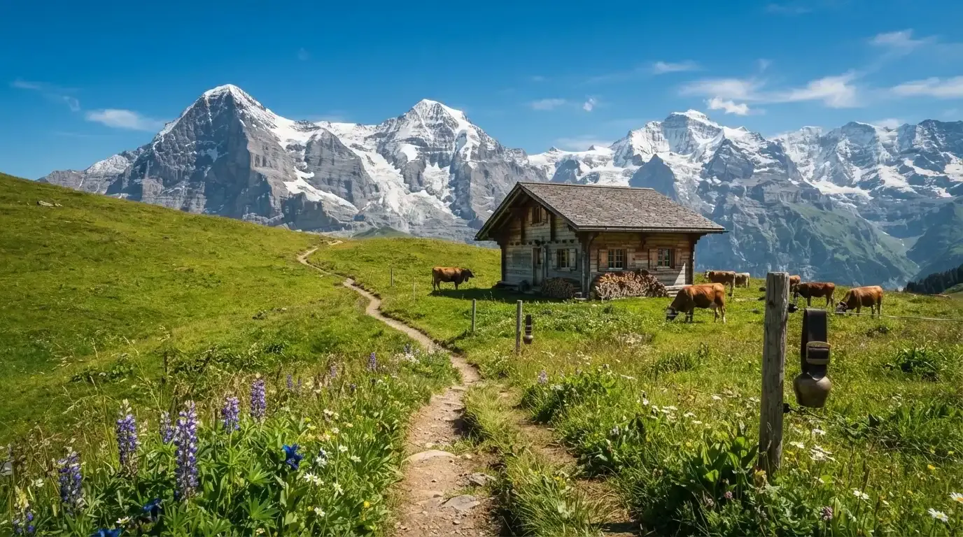 Ein Wanderweg führt über eine Alpwiese zu einem Holzchalet, dahinter ragen verschneite Gipfel in den Himmel.