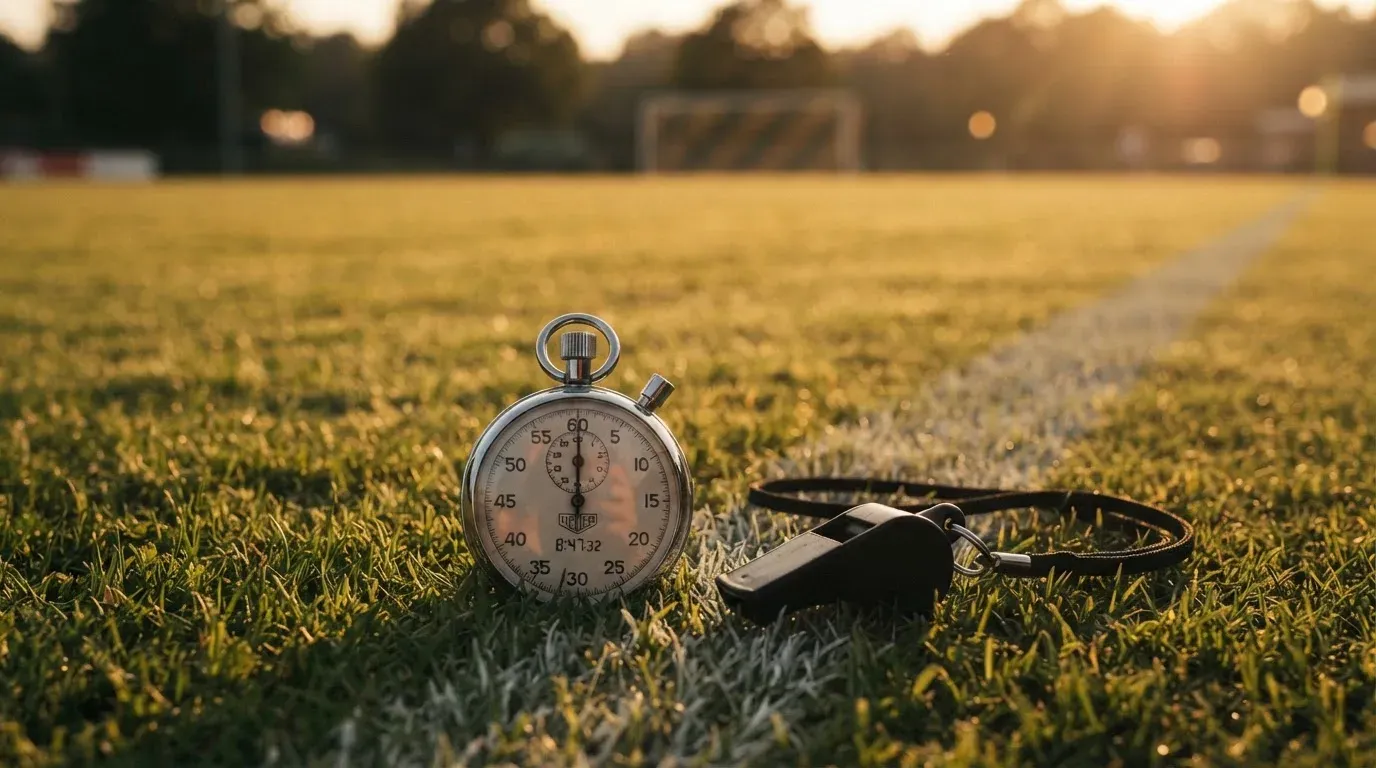 Eine Stoppuhr liegt neben einer Trillerpfeife auf einem Stück Rasen an der Seitenlinie eines Fussballfelds im Gegenlicht.