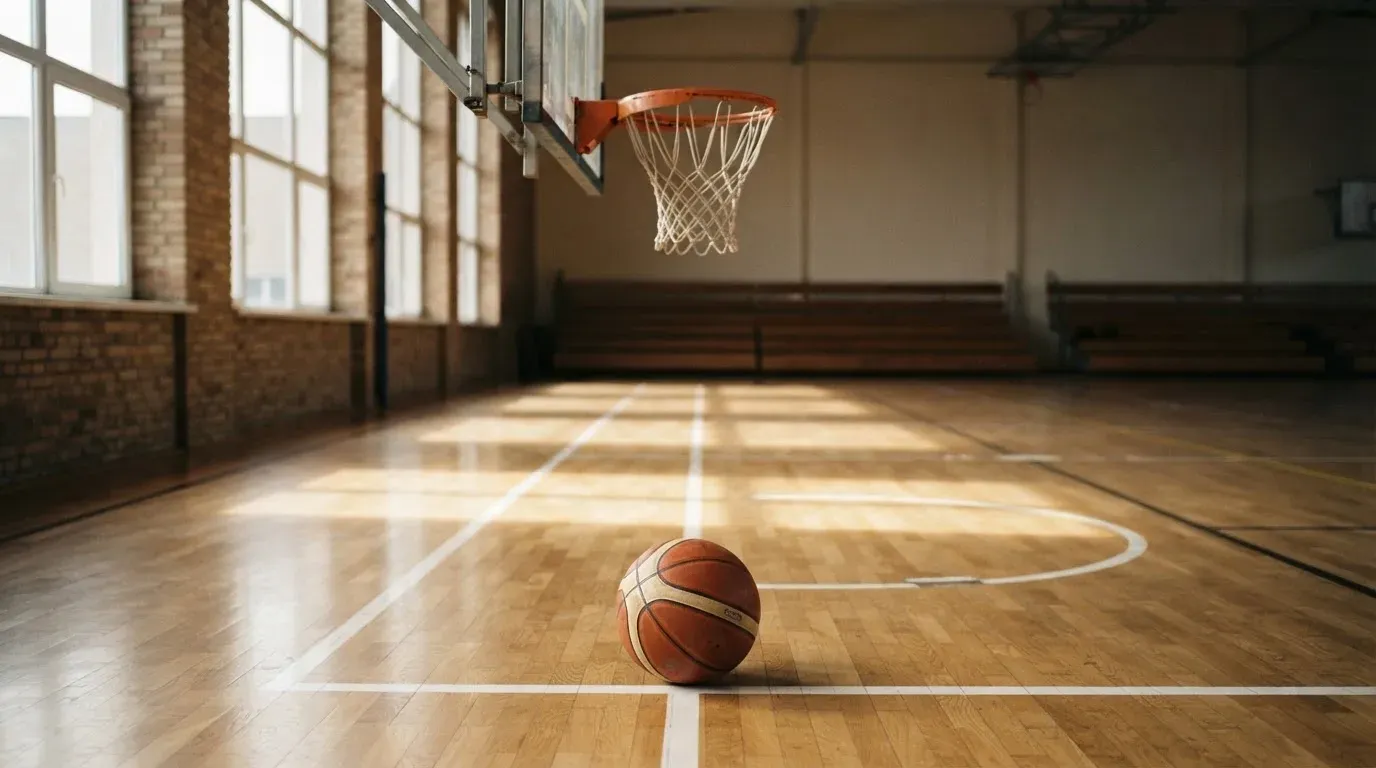 Ein Basketball liegt unter dem Korb in einer leeren Sporthalle, durch hohe Fenster fällt Tageslicht auf das Parkett.