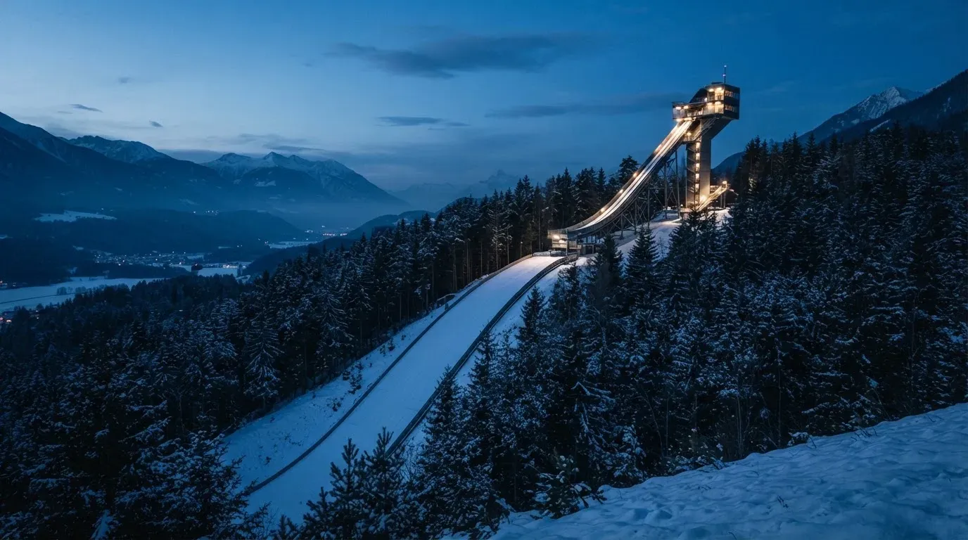 Eine Skisprungschanze ragt in der Dämmerung über einen Wald in den Alpen, der Auslauf liegt verschneit und leer da.