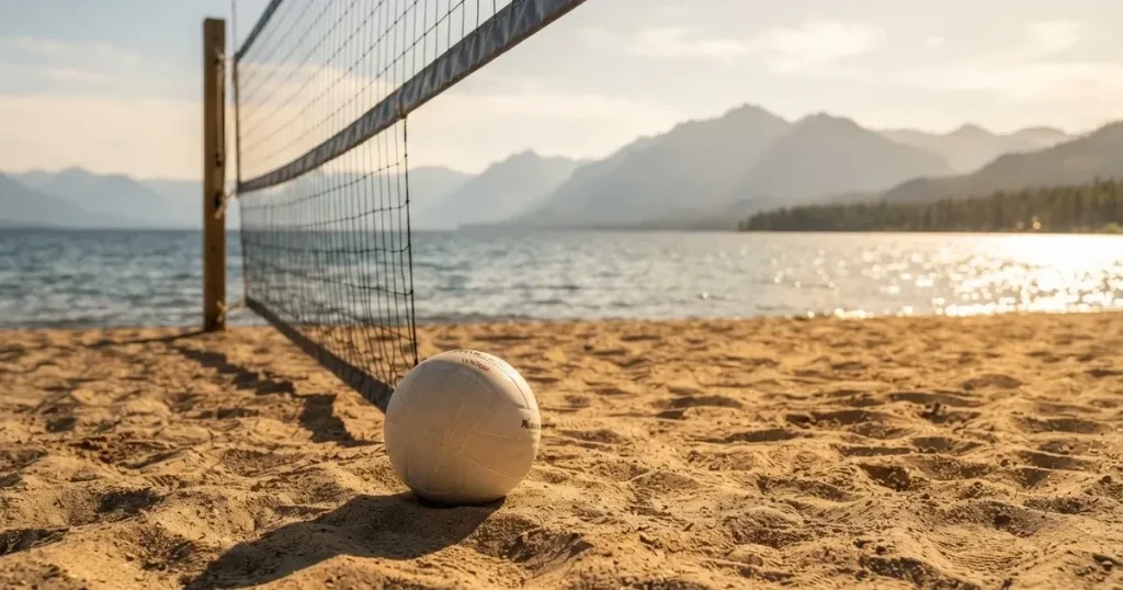 Ein Volleyball liegt am Fuss des Netzes auf Sand, im Hintergrund glitzert ein See und ein Bergzug steht im Dunst.