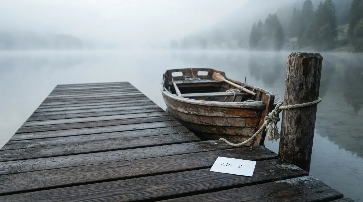 Ein Ruderboot liegt an einem Steg am Ufer eines Sees, über dem Wasser steigt dünner Nebel auf.