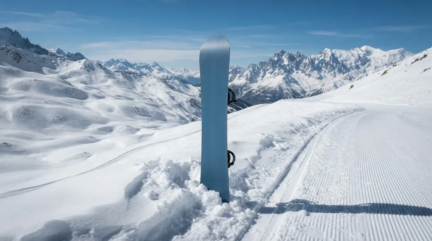 Ein Snowboard steckt aufrecht im Schnee am Rand einer Piste, dahinter spannt sich klarer Himmel über verschneiten Gipfeln.