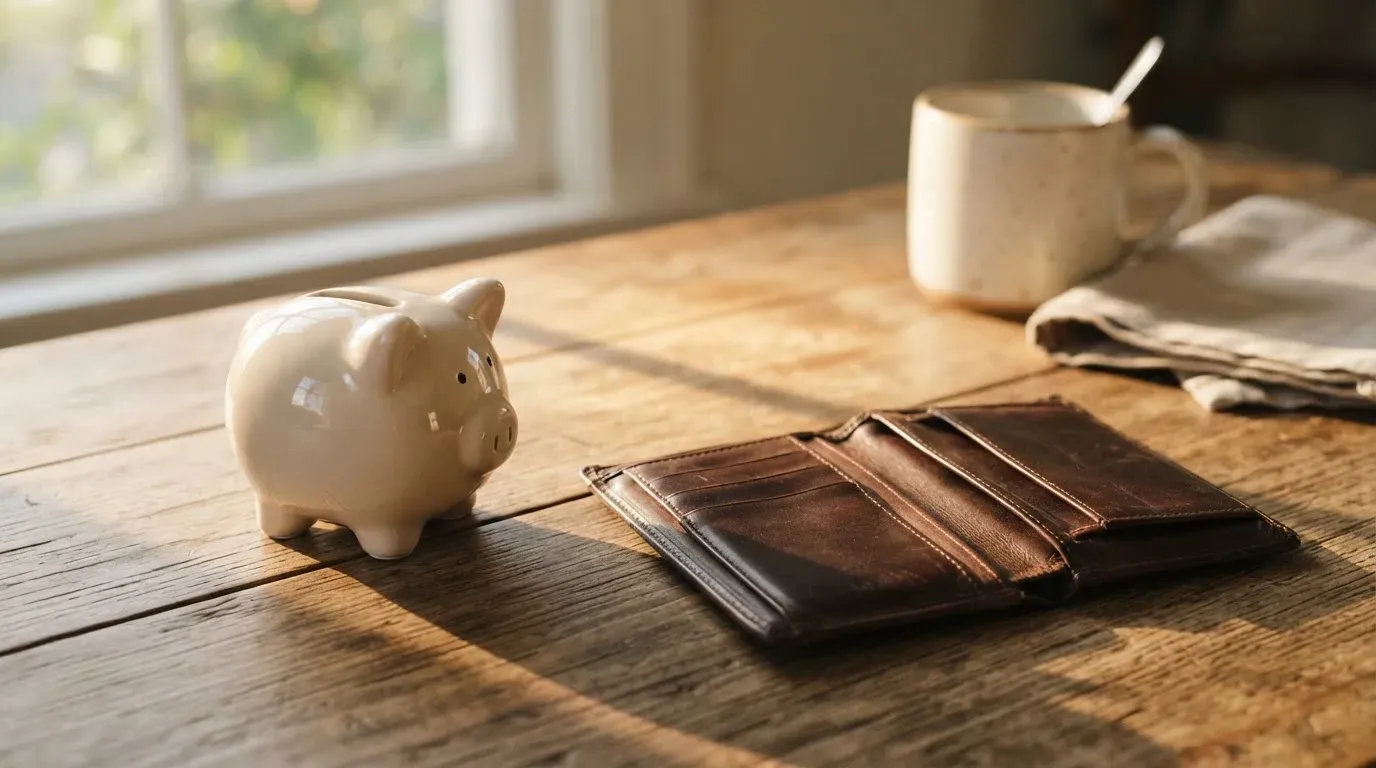 Ein Sparschwein aus Keramik steht auf einem Küchentisch neben einer leeren Geldbörse im Licht des Morgens.