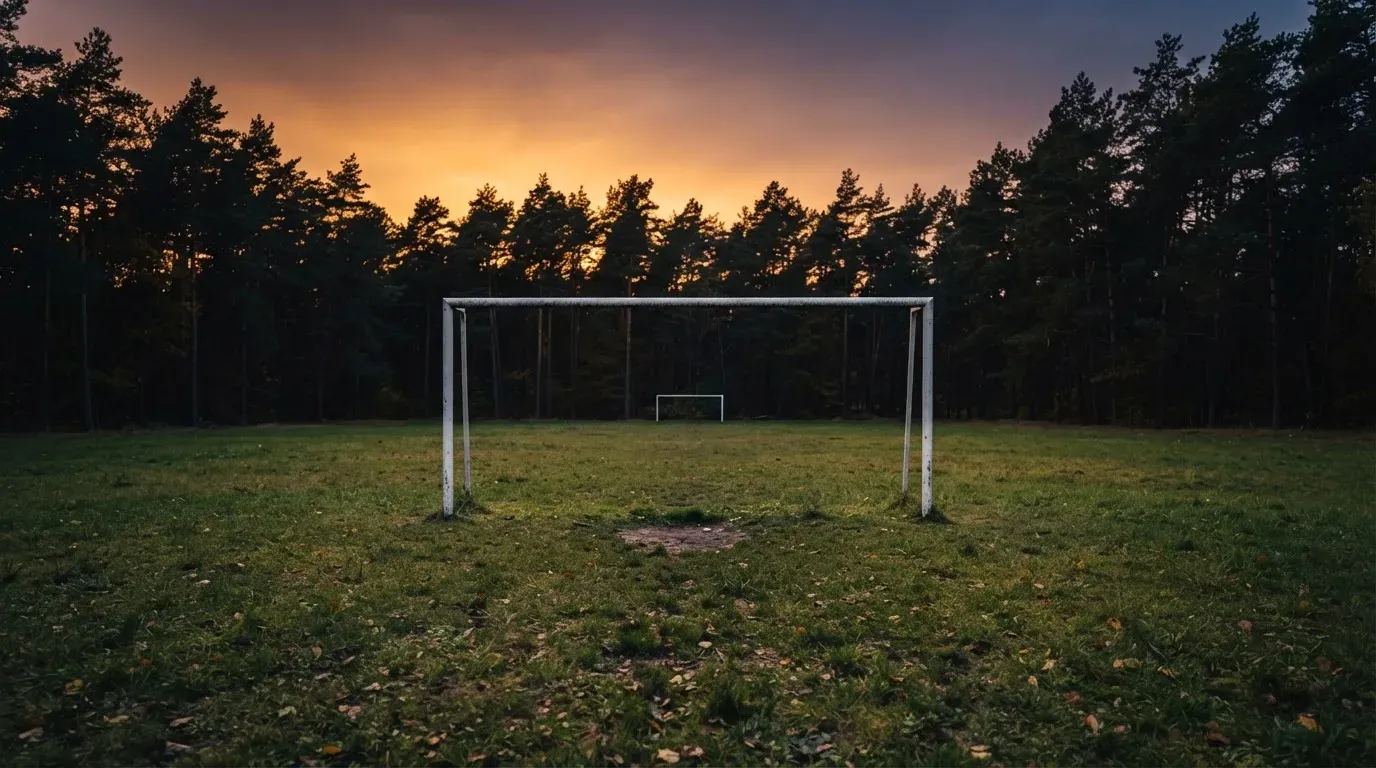 Ein Fussballtor ohne Netz steht auf einer Wiese am Waldrand, die Abenddämmerung färbt den Himmel orange.