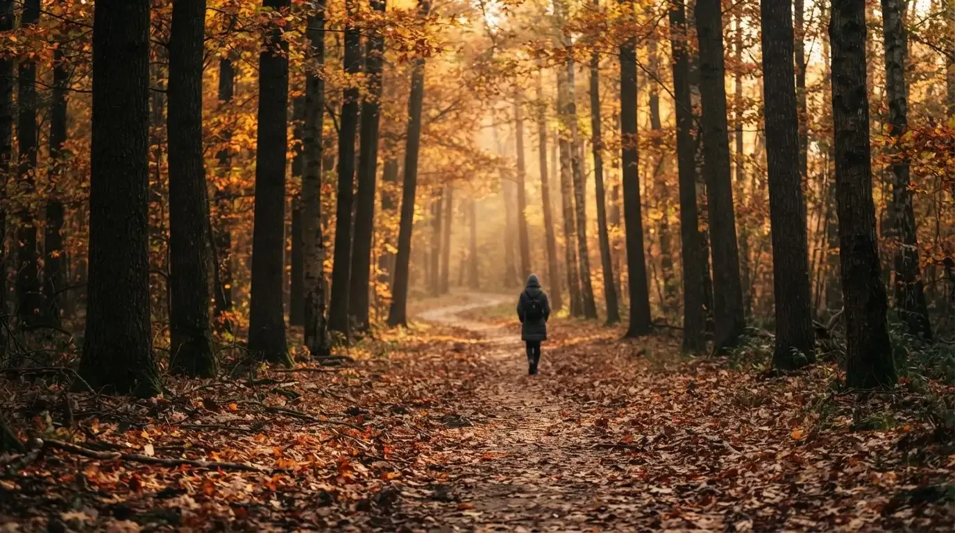 Ein Waldweg im Herbst mit buntem Laub, in der Ferne geht eine einzelne kleine Gestalt zwischen den Bäumen.