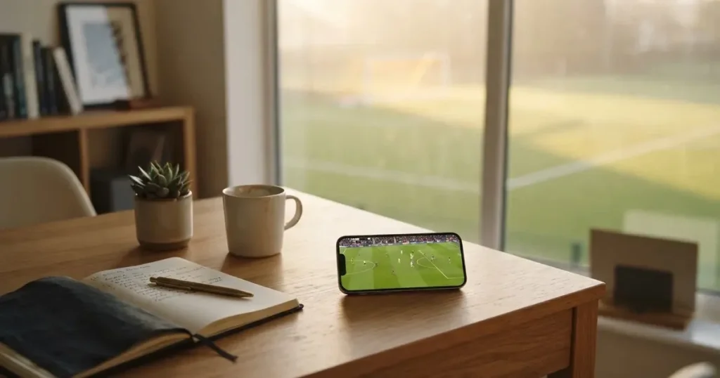 Ein aufgeräumter Schreibtisch mit Pflanze und Tasse in einem Heimbüro, vor dem Fenster liegt ein Fussballplatz im Gegenlicht.