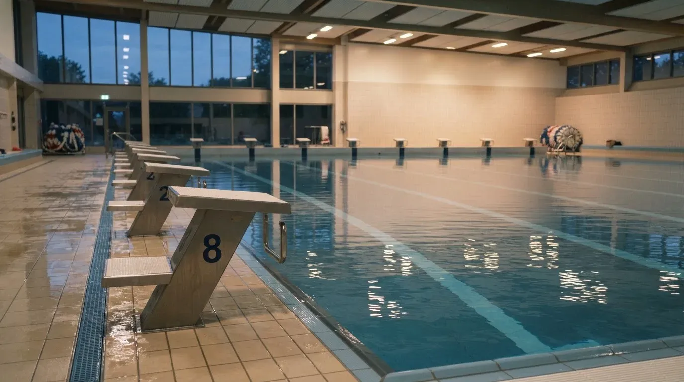 Ein leeres Schwimmbecken mit Startblöcken am Morgen, die Wasseroberfläche ist ruhig und spiegelt die Deckenlampen.