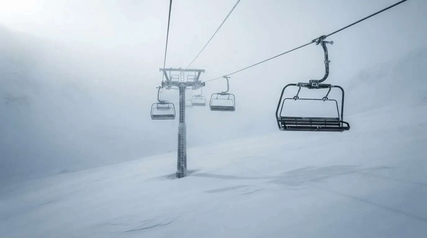 Ein Sessellift fährt leer durch dichten Nebel über eine winterliche Alp, unter ihm liegt unberührter Schnee.