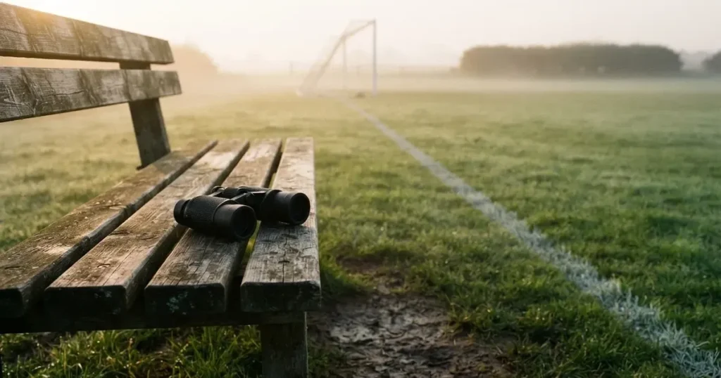 Ein Fernglas liegt auf einer leeren Holzbank an der Seitenlinie eines Fussballfelds, vom Rasen steigt Nebel auf.