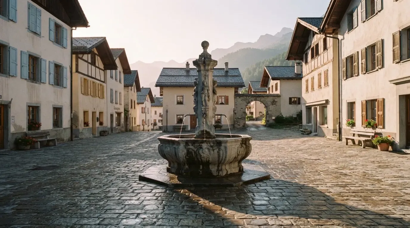 Ein stiller Dorfplatz mit einem Steinbrunnen im Frühlicht, auf dem Pflaster steht keine Person.