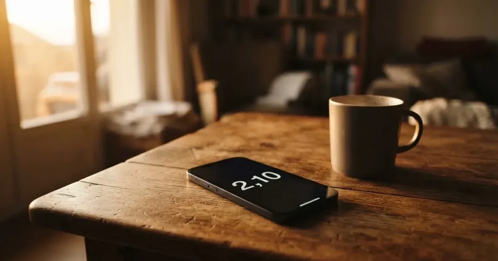Ein Smartphone mit dunklem Display liegt auf einem Holztisch neben einer Kaffeetasse, durch das Fenster fällt warmes Abendlicht.