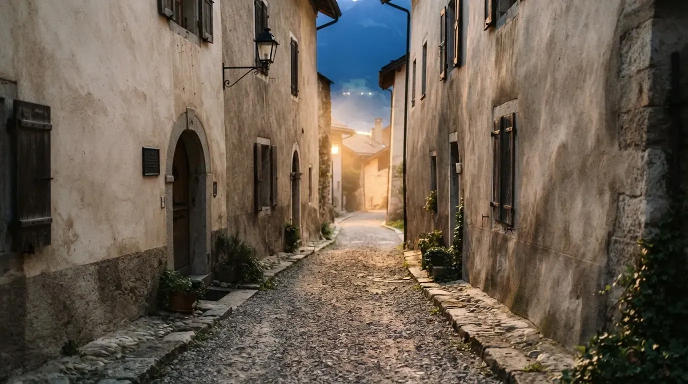 Ein schmaler Kiesweg führt zwischen zwei hellen Mauern durch eine Schweizer Altstadt, die Laternen sind noch nicht angezündet.
