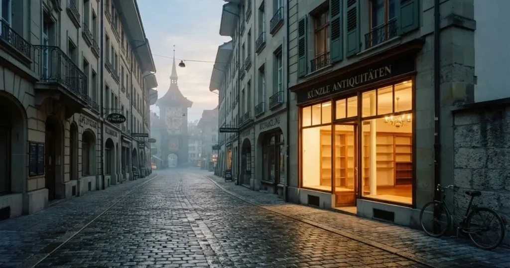 Eine Fussgängerstrasse in einer Schweizer Altstadt am frühen Morgen, nasses Kopfsteinpflaster und ein leeres Ladenlokal mit hellem Innenraum.