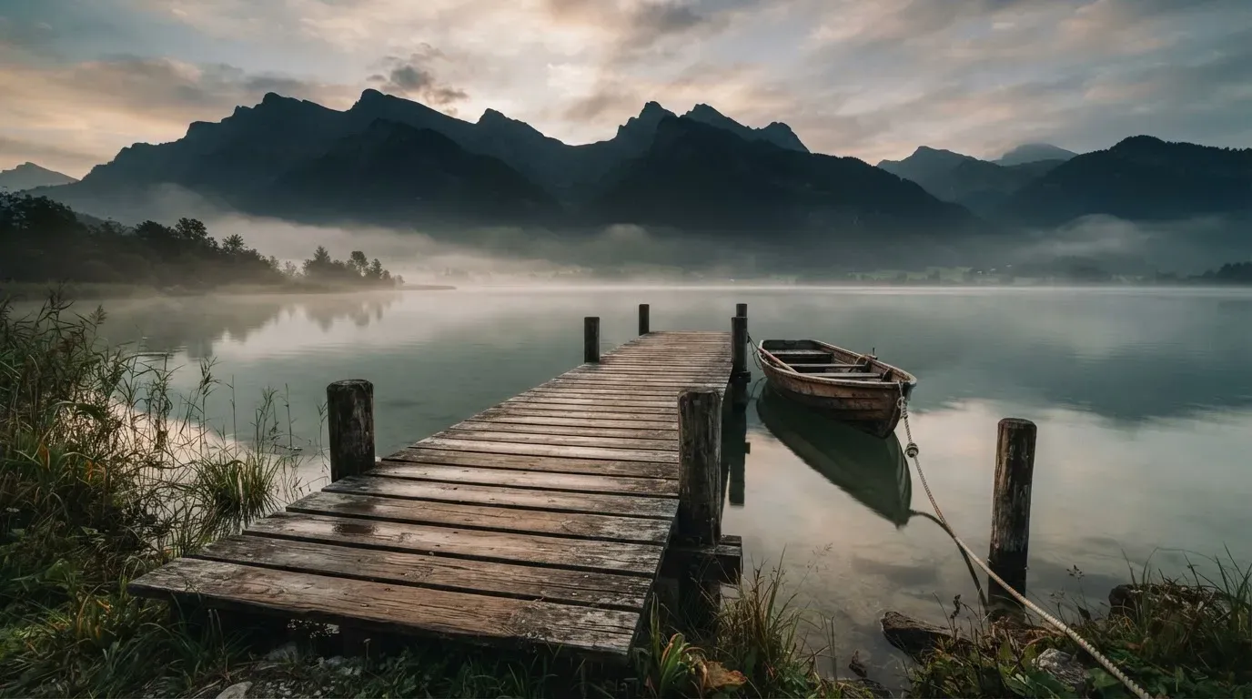 Ein Seeufer mit einem Holzsteg und einem vertäuten Ruderboot im Morgennebel, im Hintergrund die Silhouette von Bergen.