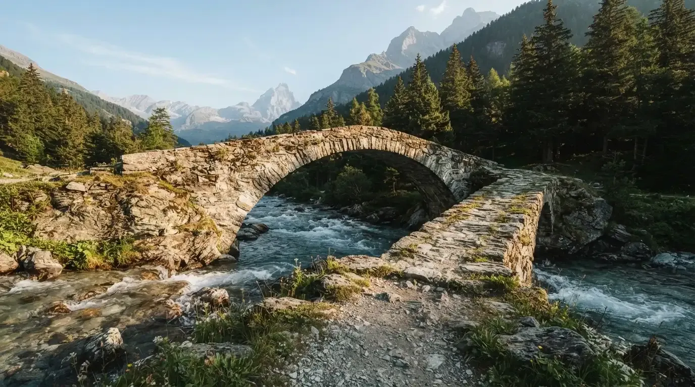 Eine Steinbogenbrücke überspannt einen Bergbach in den Alpen im Morgenlicht, an den Hängen stehen dunkle Nadelbäume.