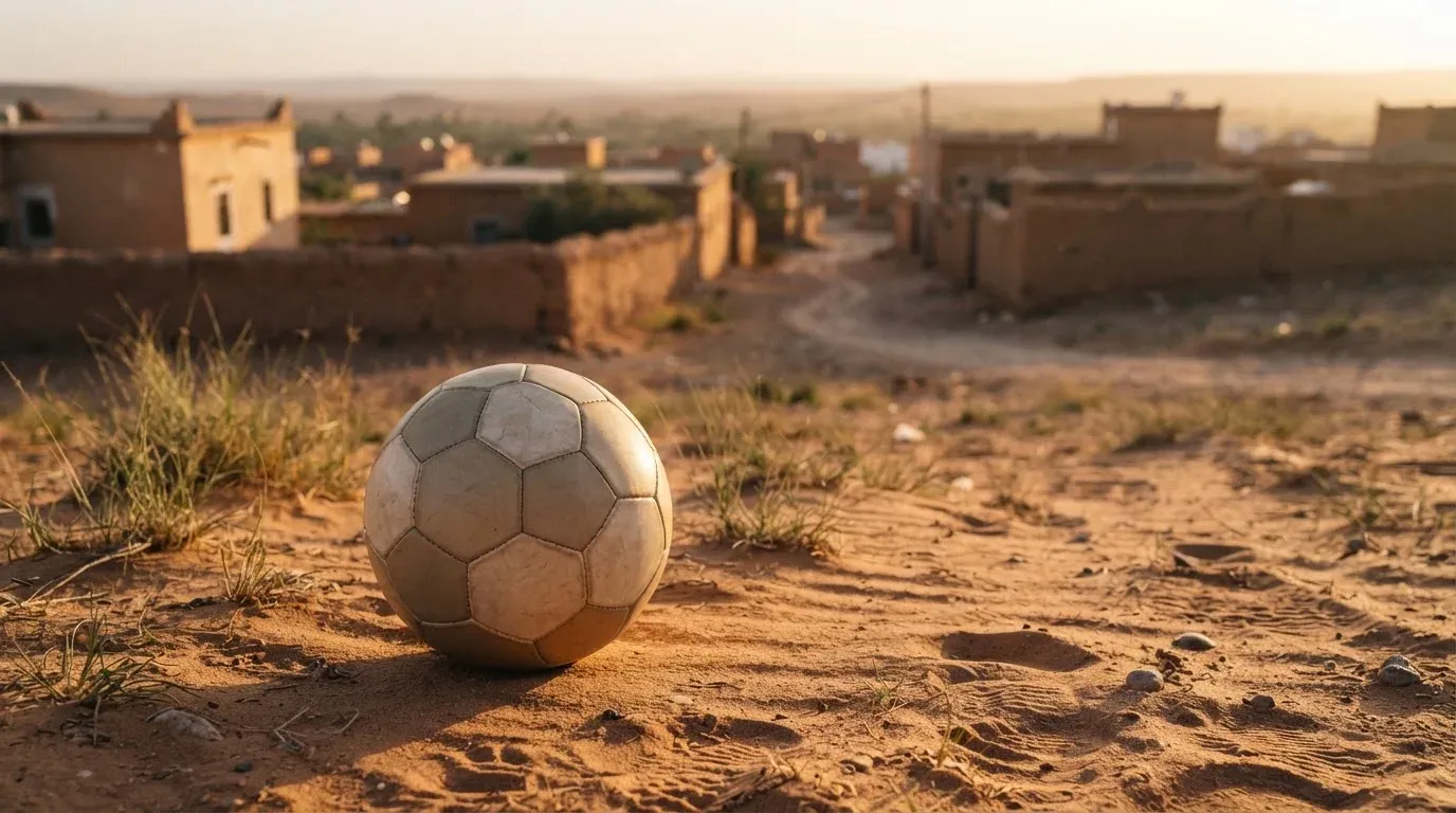 Ein Fussball liegt auf rotbraunem Sand am Rand eines Dorfes, die Abendsonne wirft lange Schatten.