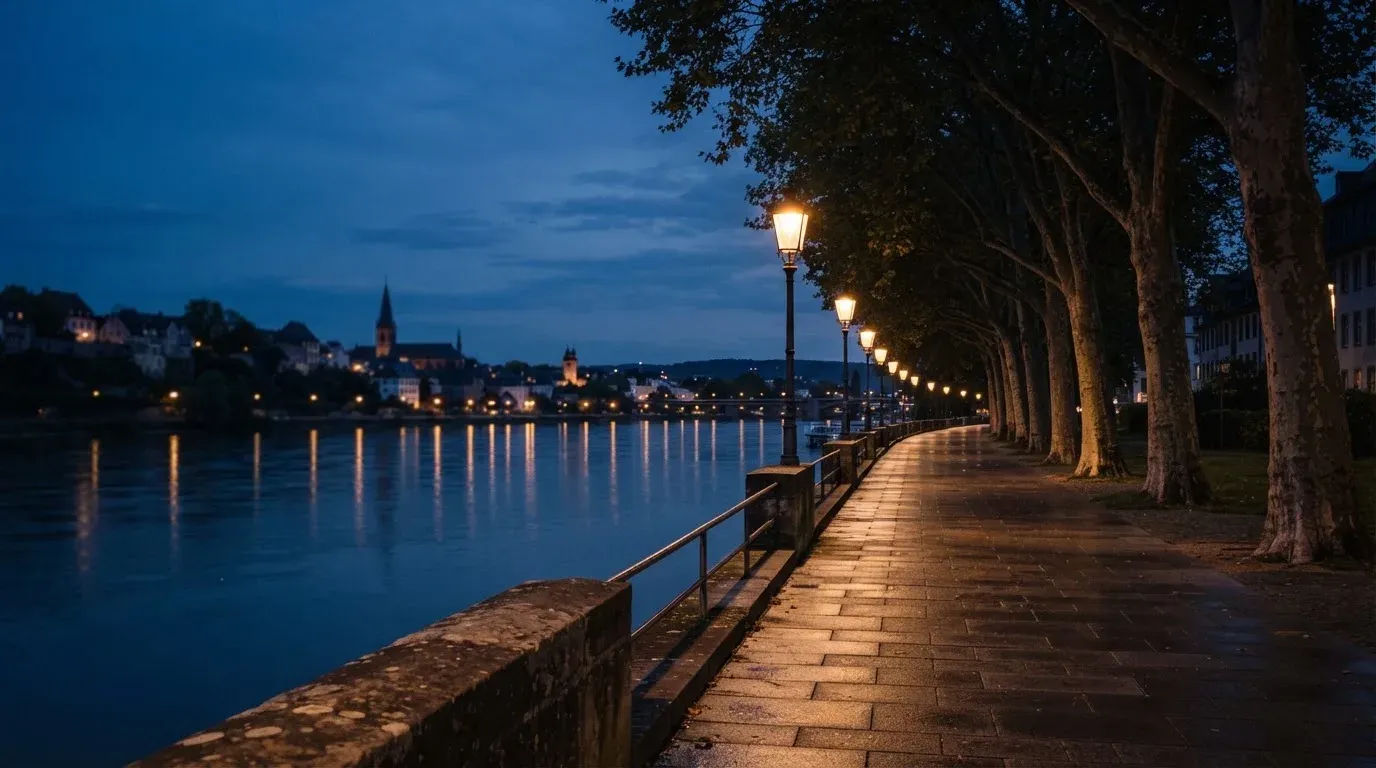 Eine Rheinpromenade mit hohen Bäumen am Abend, das Wasser spiegelt das Licht der ersten Laternen.