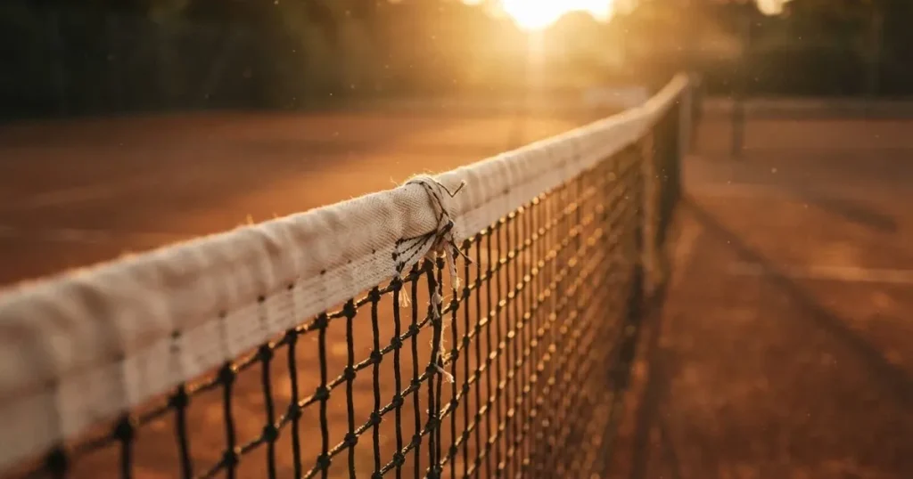 Ein Tennisnetz in Nahaufnahme im Gegenlicht der tiefstehenden Sonne, feine Staubkörner schweben über dem Platz.
