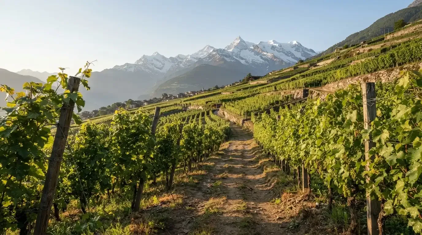 Ein Feldweg zwischen Weinreben im Wallis bei Sonnenaufgang, im Hintergrund hohe Berge und klare Luft.