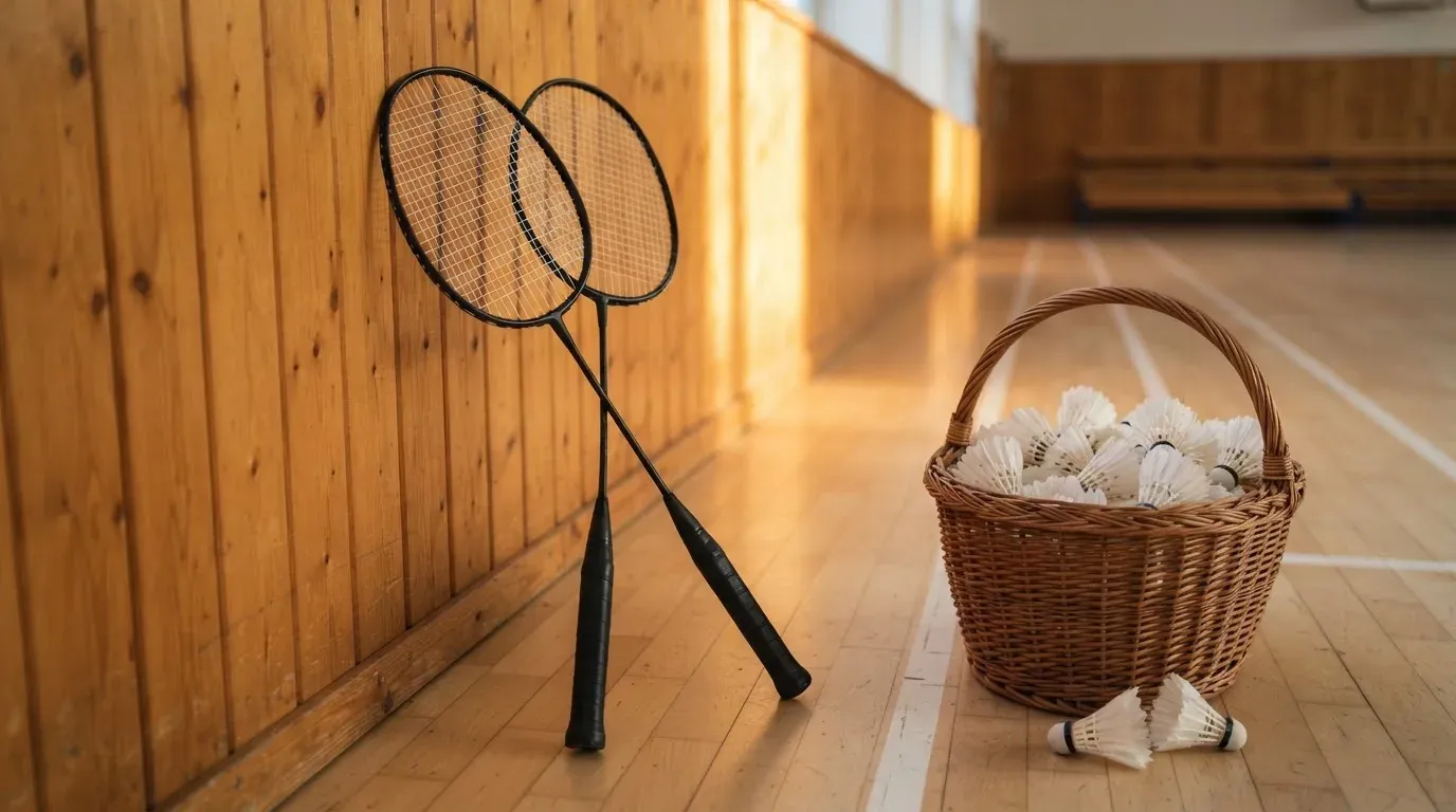 Zwei Badmintonschläger lehnen gekreuzt an einer Hallenwand aus Holz, daneben steht ein Korb mit Federbällen.