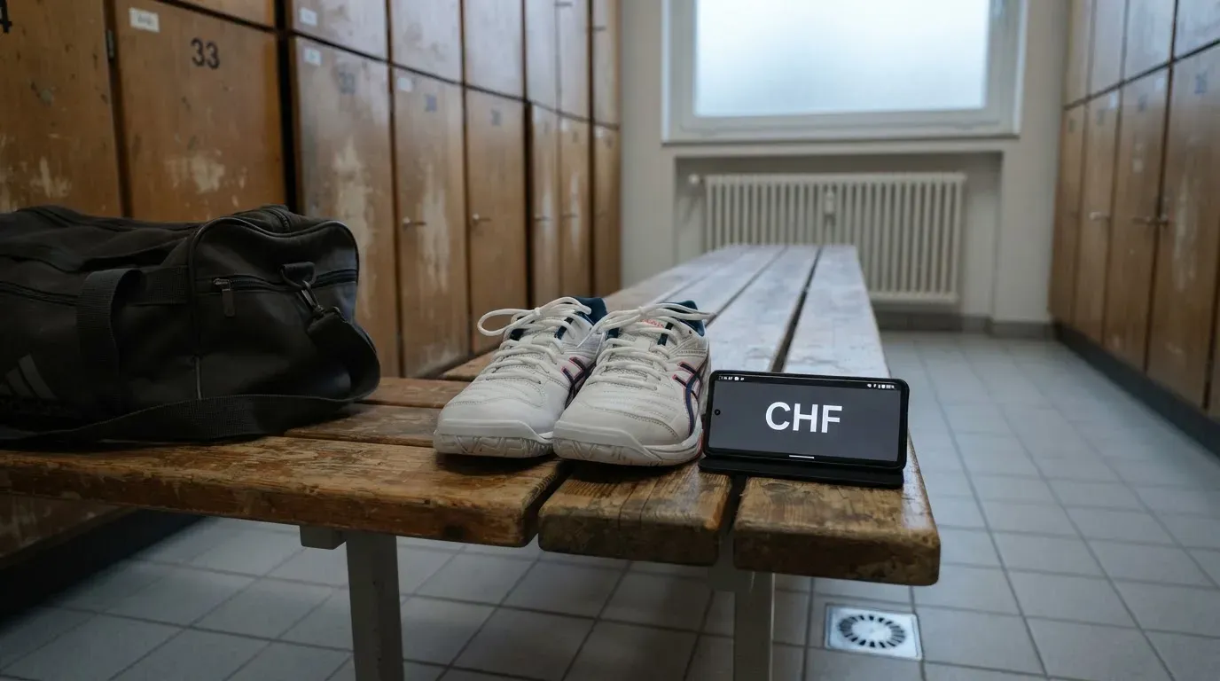 Ein Paar Hallenschuhe steht ordentlich neben einer Sporttasche auf einer Bank in einer leeren Garderobe, ein Fenster lässt Morgenlicht herein.