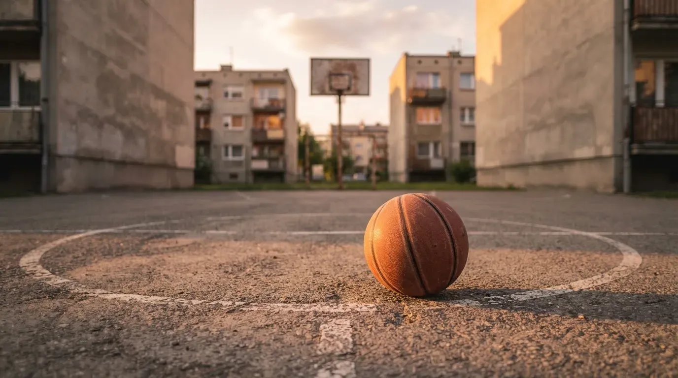 Ein Basketball liegt auf einem Asphaltplatz in einem Hinterhof zwischen Wohnblöcken, das Abendlicht färbt die Wände warm.