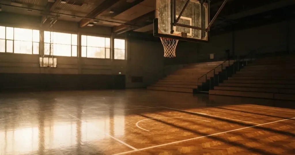 Ein Basketballkorb mit Netz in einer leeren Halle, Licht fällt von hohen Fenstern auf den glänzenden Parkettboden.