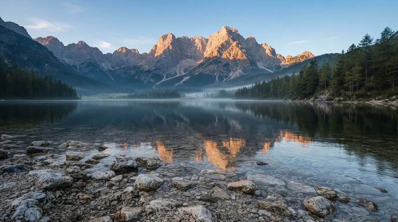 Ein Bergsee mit ruhigem Wasser und Gipfeln im Morgenlicht, am Ufer liegen glatte Steine.