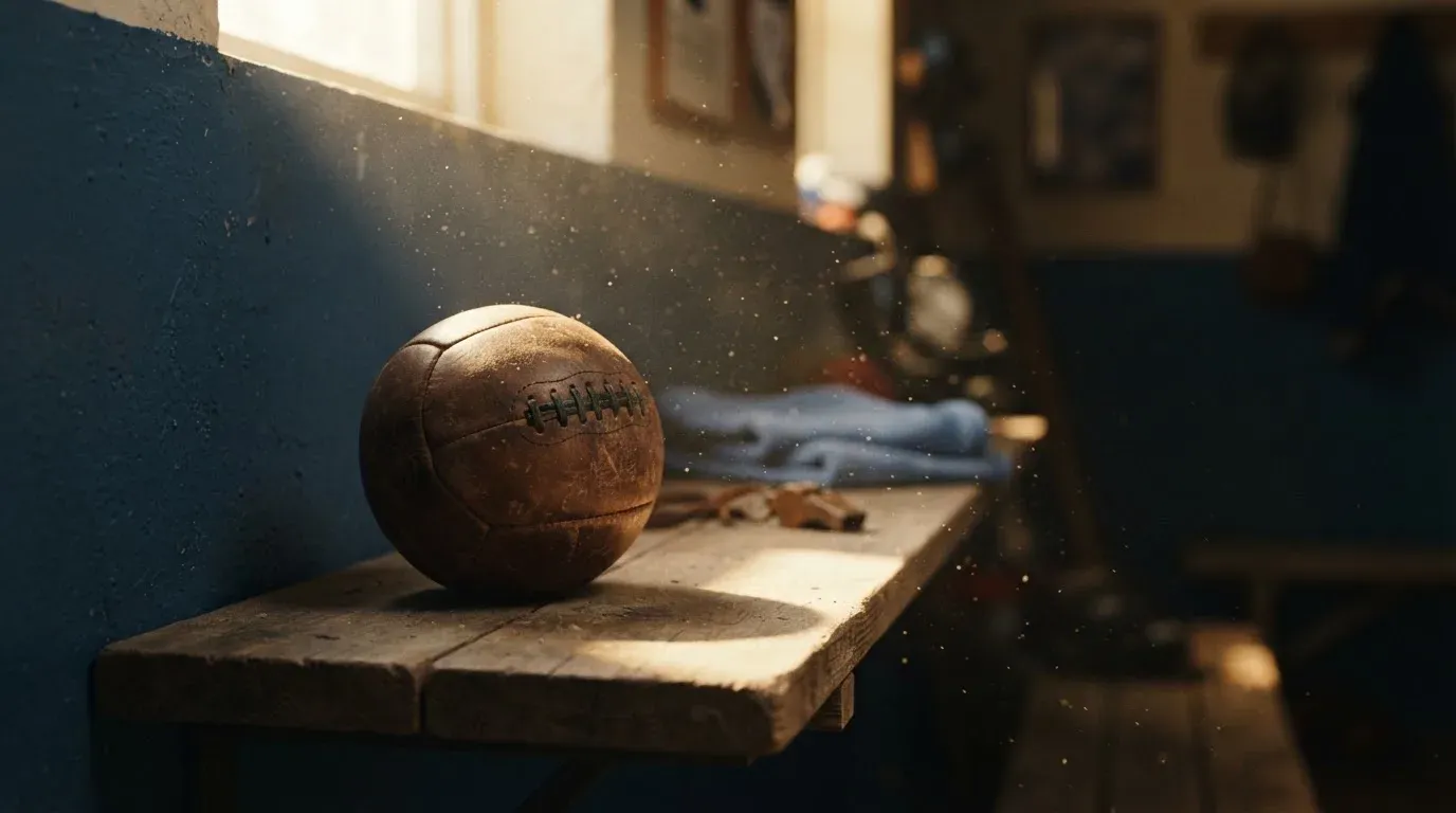 Ein abgenutzter Lederball liegt auf einem Holzregal in einem Vereinsraum, ein Sonnenstrahl macht den Staub sichtbar.