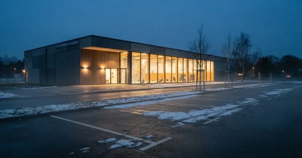 Eine Sporthalle von aussen in der Dämmerung mit erleuchteten Fenstern, davor ein leerer Parkplatz mit etwas Schnee.