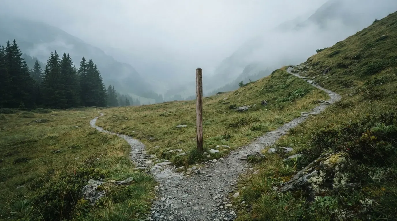 Eine Weggabelung auf einer Alpweide, zwei Pfade teilen sich zwischen Steinen, im Tal steigt Nebel auf.