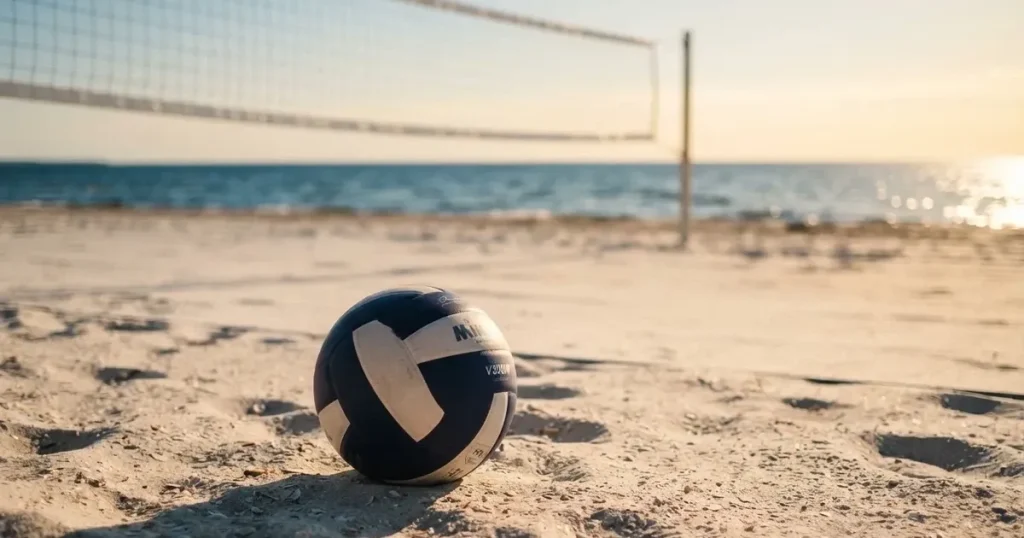 Ein Volleyball liegt auf feinem hellem Sand, ein gespanntes Netz verschwimmt dahinter, das Licht kommt von einem weiten Meer.