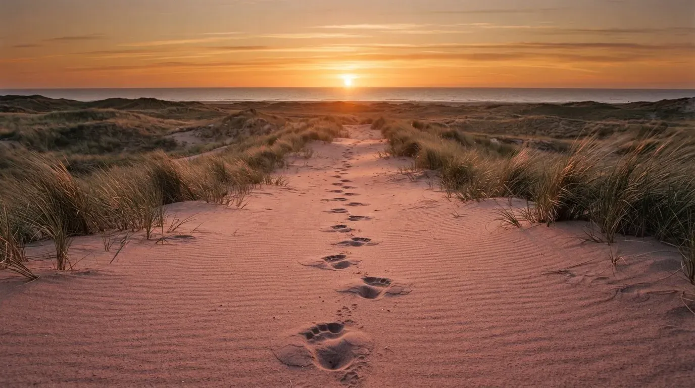 Spuren im Sand führen durch Dünengras auf den Horizont zu, die Sonne steht tief und färbt den Himmel orange.