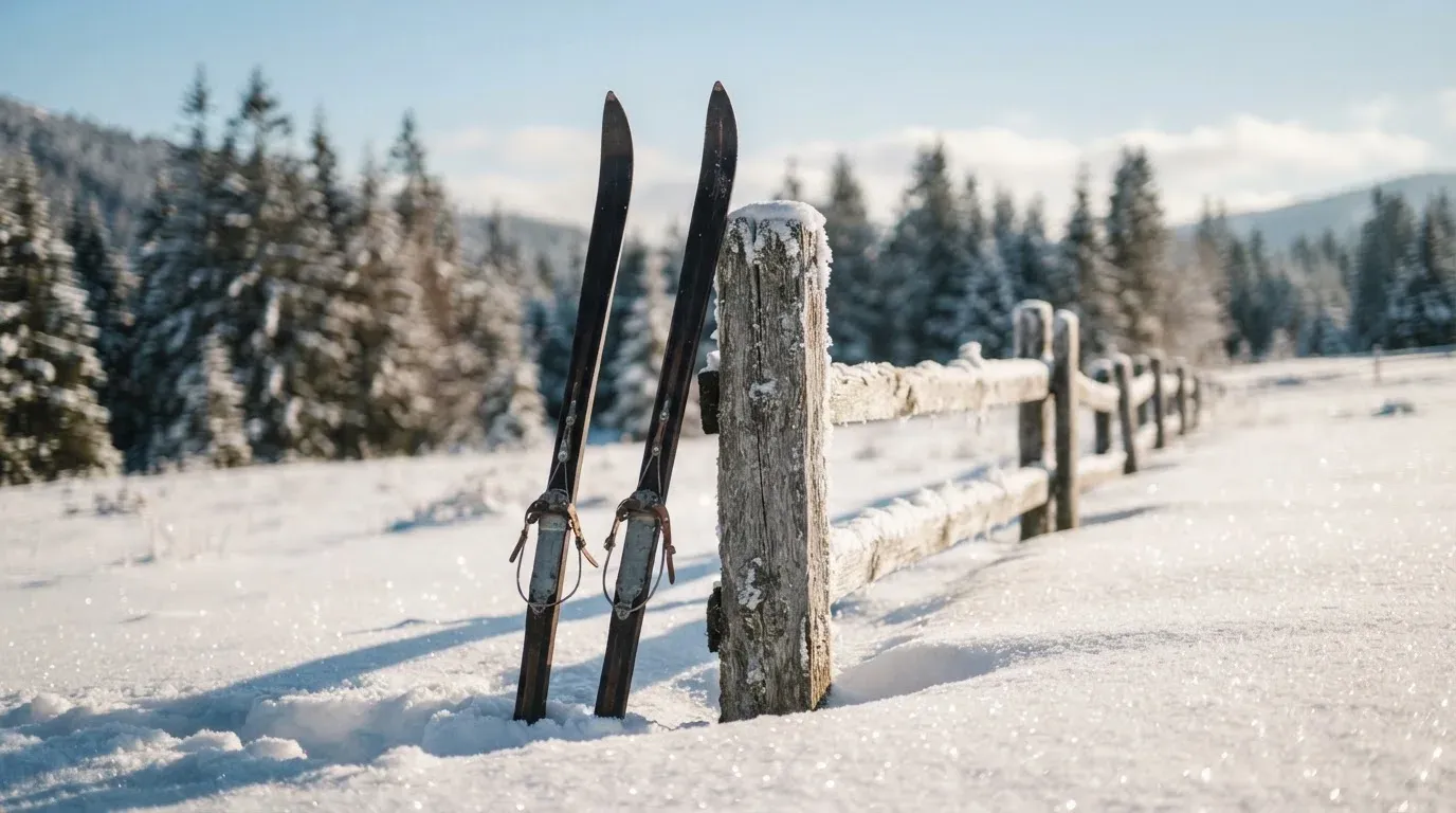 Ein Paar Langlaufskier steckt aufrecht im Schnee neben einem Holzzaun, die Sonne glitzert auf Eiskristallen.