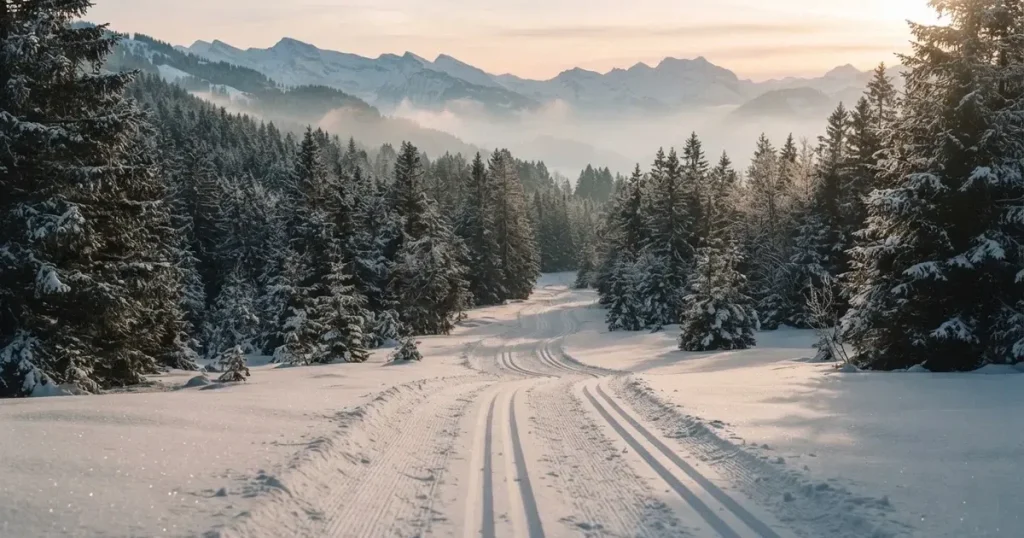 Eine verschneite Langlaufloipe führt durch Tannenwald im Morgenlicht, frische Spuren im Schnee, dahinter Berge im Dunst.
