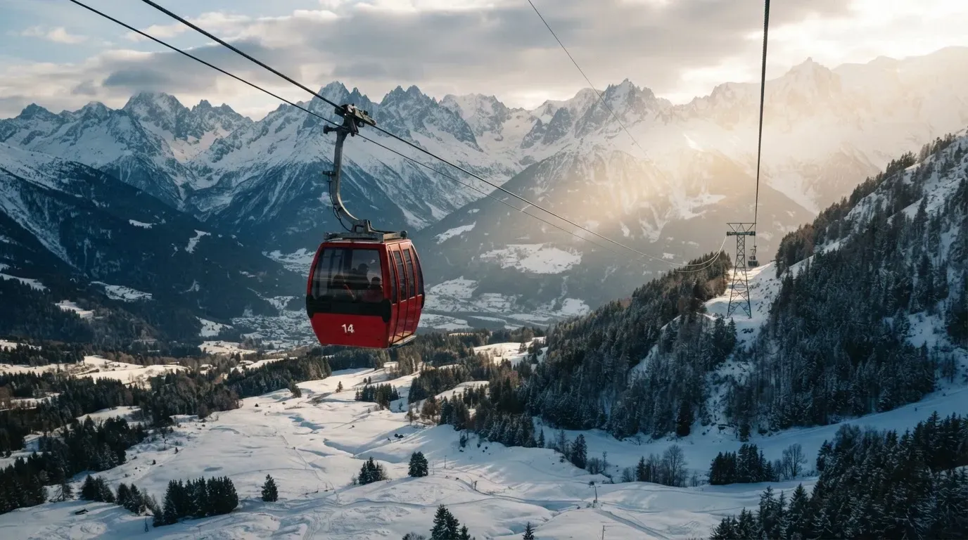 Eine Seilbahnkabine schwebt über einem verschneiten Tal, die Sonne bricht durch die Wolken und beleuchtet die Hänge.