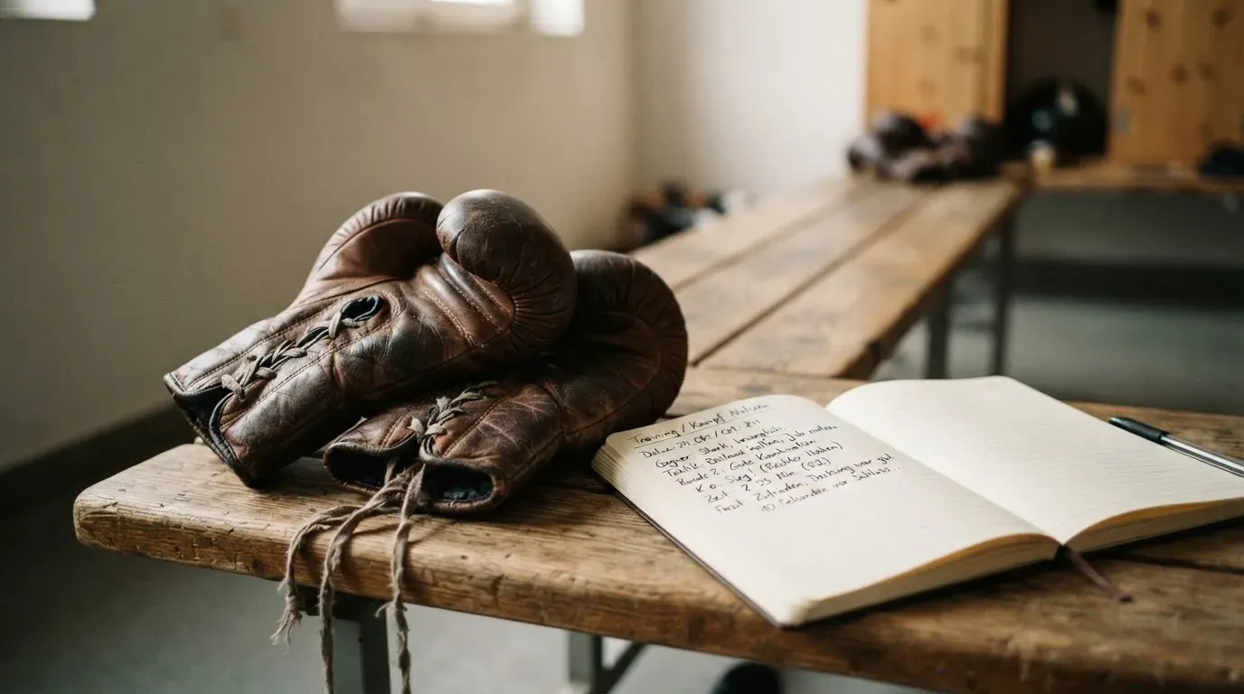 Ein Paar Boxhandschuhe aus Leder liegt auf einer Holzbank neben einem Notizbuch mit handgeschriebenen Zeilen, warmes Fensterlicht