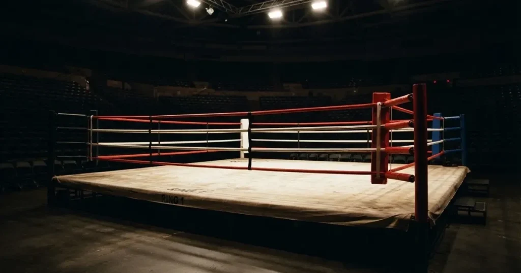 Ein leerer Boxring mit gespannten Seilen unter hellem Hallenlicht, dahinter ansteigende Zuschauerränge in einer grossen dunklen Halle