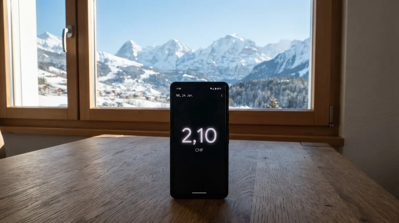 Ein Smartphone mit dunklem Bildschirm liegt auf einem Holztisch vor einem Fenster mit Blick auf schneebedeckte Gipfel