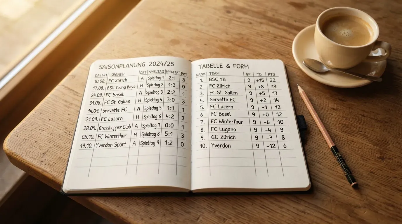 Ein aufgeschlagenes Notizbuch mit handgeschriebenen Spalten und ein Bleistift neben einer Tasse Kaffee auf einem Holztisch am Morgen