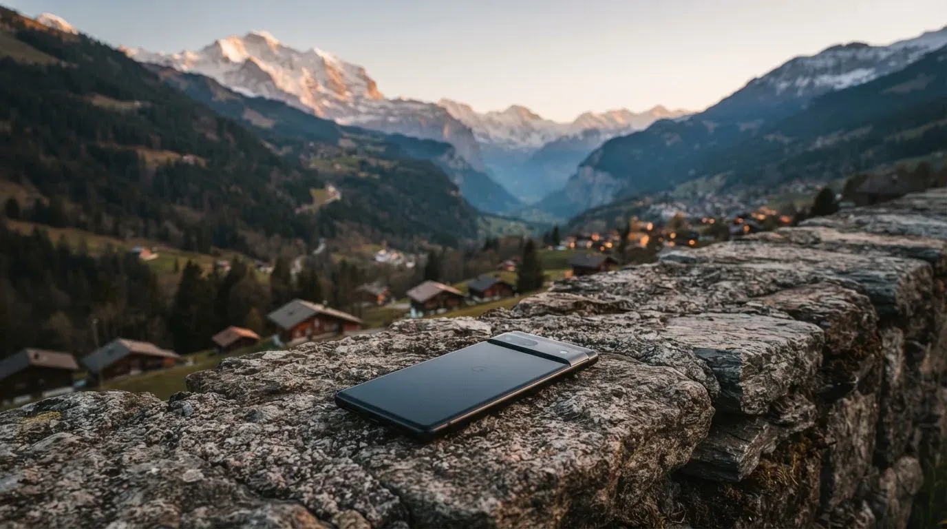 Ein Smartphone mit dunklem Display liegt auf einer Steinmauer, dahinter ein Alpental im Abendlicht