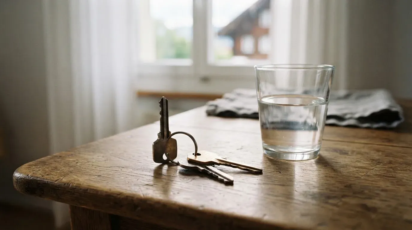 Ein Schlüsselbund und ein Glas Wasser stehen auf einem Holztisch im Licht eines Fensters