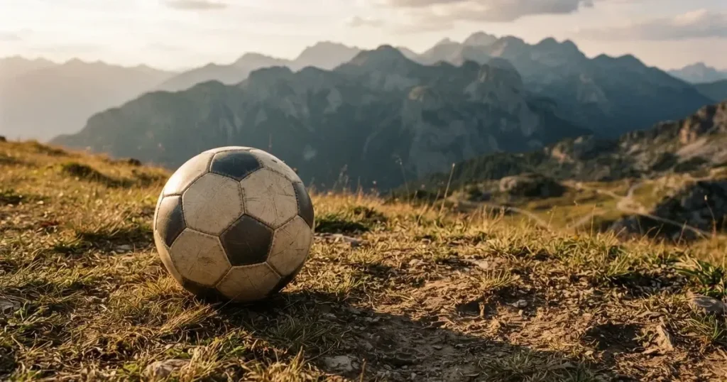 Ein Fussball auf einem staubigen Rasenstück in der Abendsonne, im Hintergrund eine hohe Bergkette