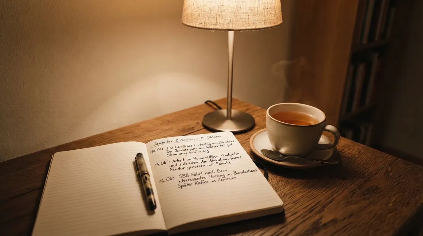 Ein Notizbuch mit handschriftlichen Einträgen und eine Tasse Tee stehen auf einem Tisch neben einer Stehlampe