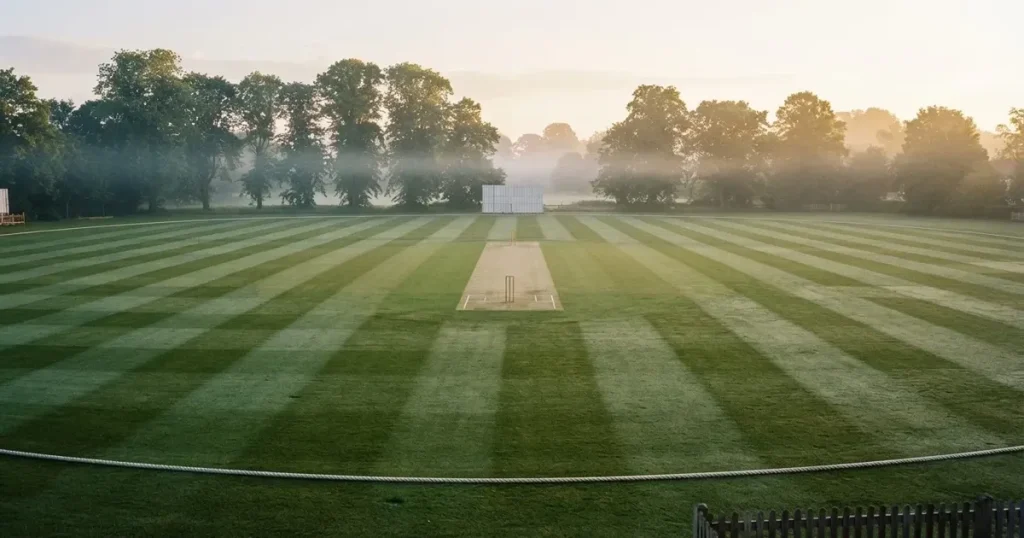 Ein ovales Cricketfeld mit gemähtem Rasen und hellem Mittelstreifen am frühen Morgen, Nebel zwischen den Bäumen am Rand