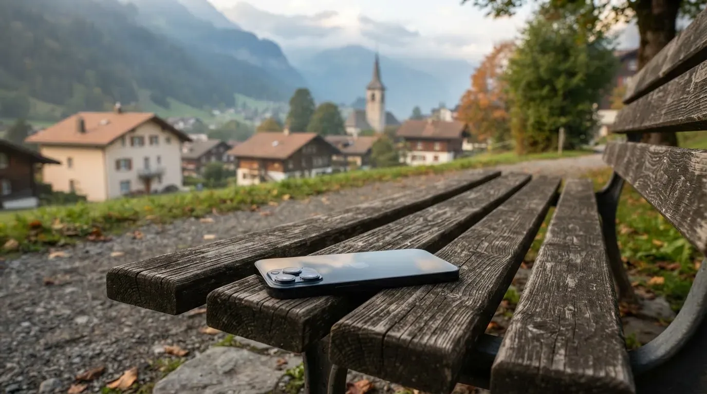 Ein Smartphone mit dunklem Display liegt auf einer Parkbank, dahinter ein Schweizer Dorf mit Kirchturm im Dunst
