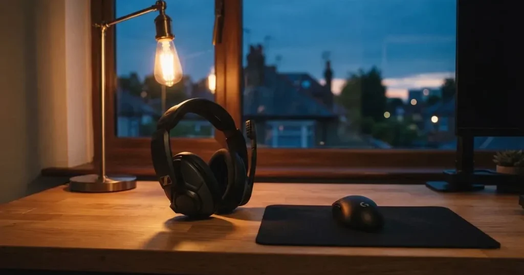 Ein Headset und eine Computermaus liegen auf einem Holzschreibtisch neben einer Tischlampe, draussen ist es Abend
